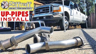 2001 F350 73  RiffRaff UpPipes Install  Stock up pipes leaking and falling apart JUNK SP [upl. by Nnaharas359]